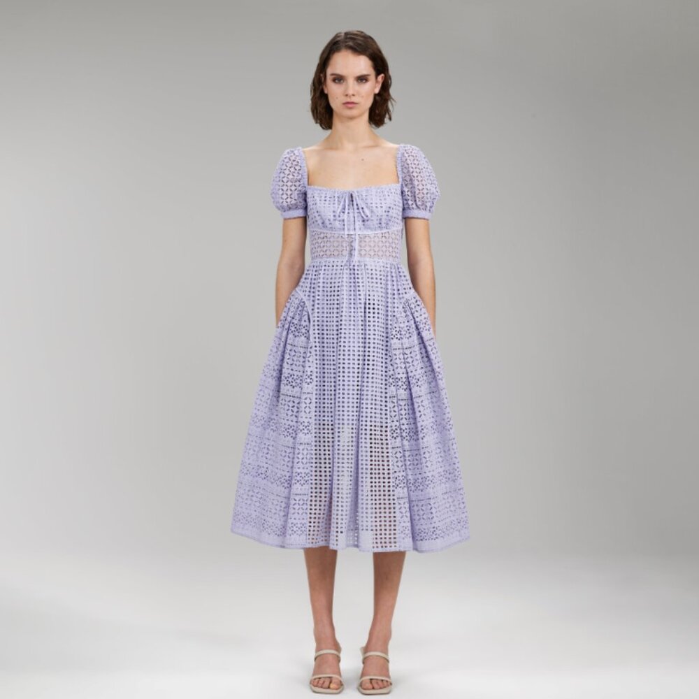 Self-Portrait Lilac Cotton Broderie Anglaise Midi Dress - Picture 9 of 16